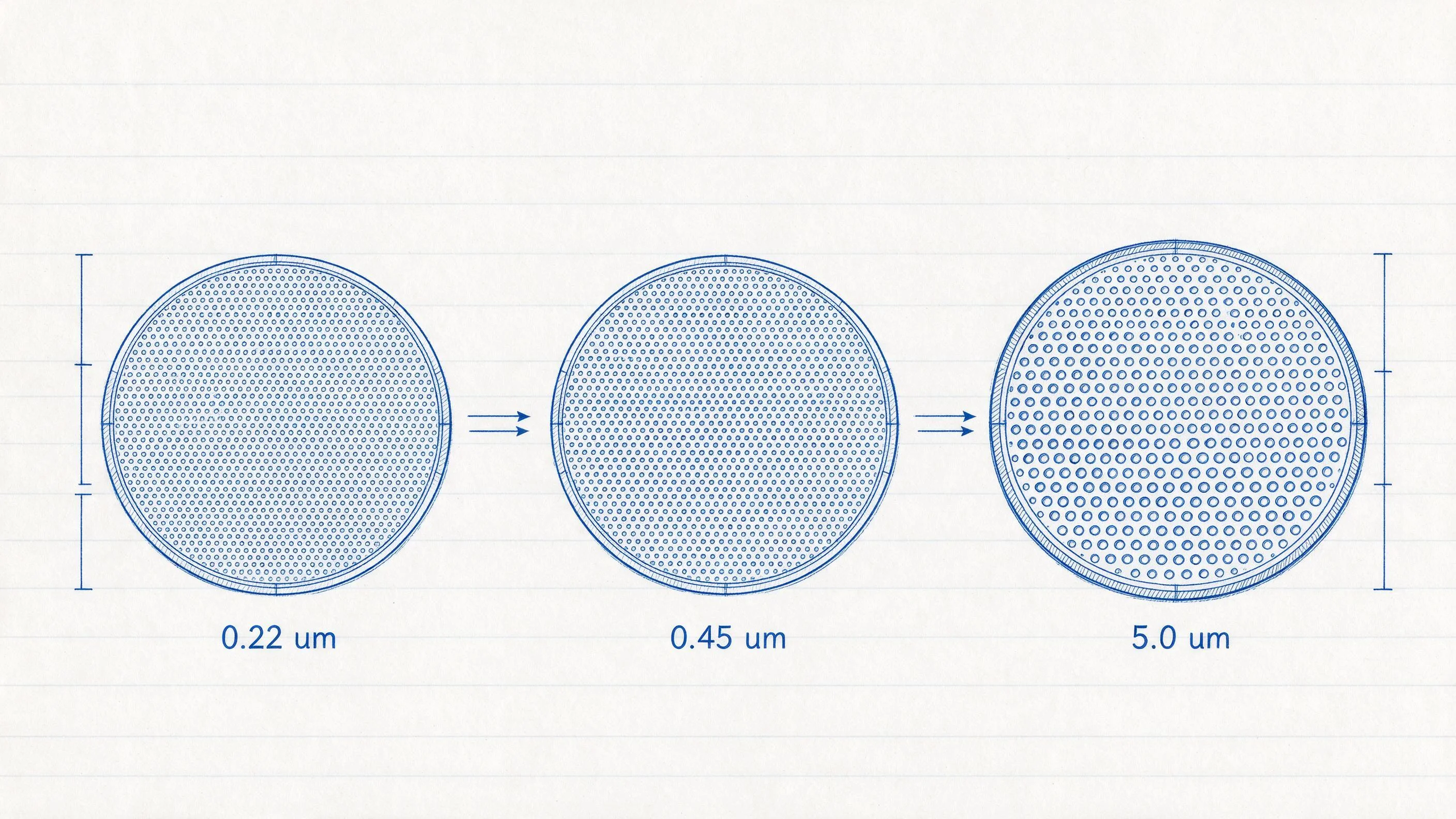 Diagramme comparatif des tailles de pore de membrane : 0,22, 0,45 et 5,0 micron